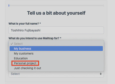 Mailtrapサインアップ画面での利用用途