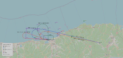 RWY10到着方式（VFR場周経路との比較）【青線がILS Y、オレンジ線がRNP Z】図に描き込んだVFRの場周経路（緑色の四角いルート）と見比べてほしい。青線のILS Yが、レフトダウンウィンドの動きに似ていることがわかる。