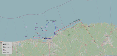 新設されたRNP Y RWY28(AR)（青線）と、ルート変更されたRNP Z RWY28(AR)（赤線）。東側に控える地形を縫うように進入していく。